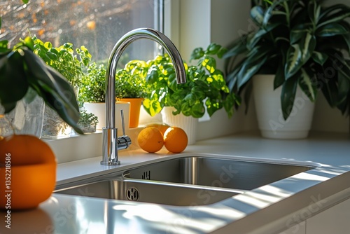 Fresh Herbs and Ripe Tomatoes in a Sunlit Kitchen With a Modern Sink and Wind...