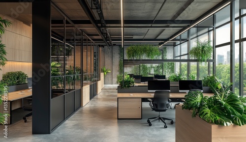 Modern Office Interior with Green Plants and Natural Light Design