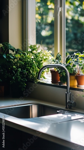 Bright Kitchen With a Modern Sink and Lush Greenery by the Window on a Sunny Day
