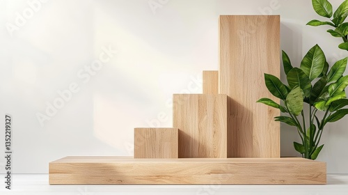 Minimalist workspace featuring asymmetrical wooden blocks on the walls, forming a unique design