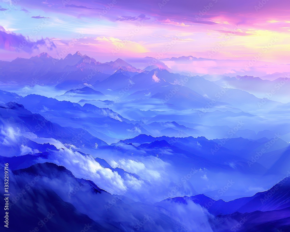 A breathtaking view of majestic mountains bathed in soft pastel hues during sunrise, with layers of clouds creating a serene landscape, perfect for nature-themed projects