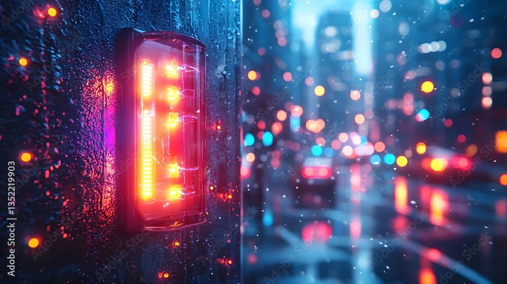 Fototapeta premium Neon sign pulsing with electric current in a rainy urban night scene