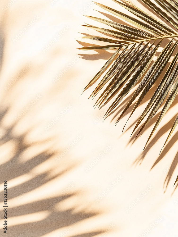 Fototapeta premium Shadows of palm leaves on beige sand creating a serene summer aesthetic