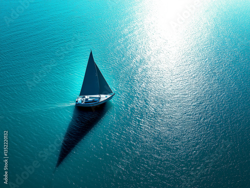 Sailboat gliding through crystal clear turquoise waters under a bright sun