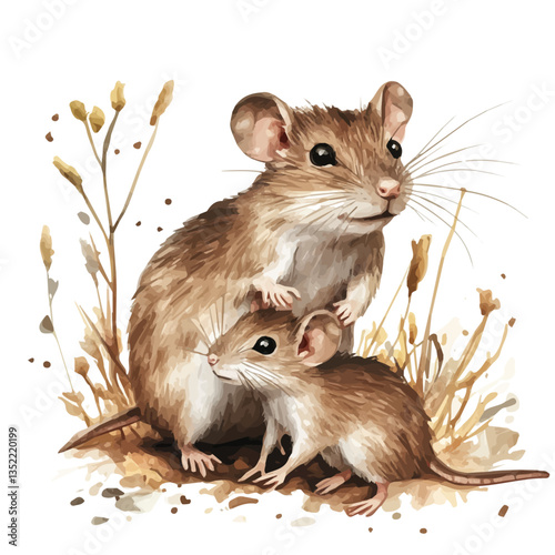 A watercolor vector painting of a mother rat with her kid, isolated on a white background. Mother rat vector.


