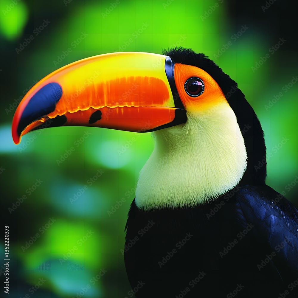 Obraz premium Vibrant Toucan Bird Close up Profile Shot in Lush Green Tropical Rainforest Habitat