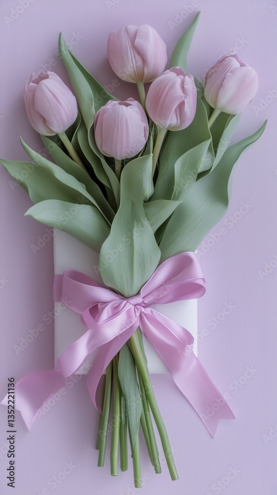 Fototapeta premium Pink Tulips Arranged Beautifully in a White Gift Box With a Pink Ribbon on a Soft Purple Background