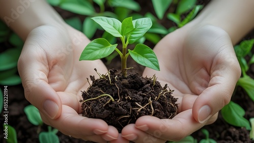 Hands holding young plant symbolizing new life background photo