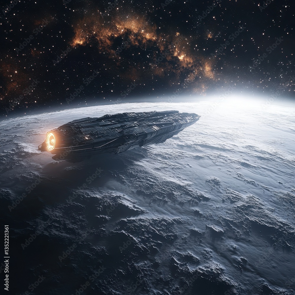 Naklejka premium A futuristic spaceship travels above a textured alien planet surface