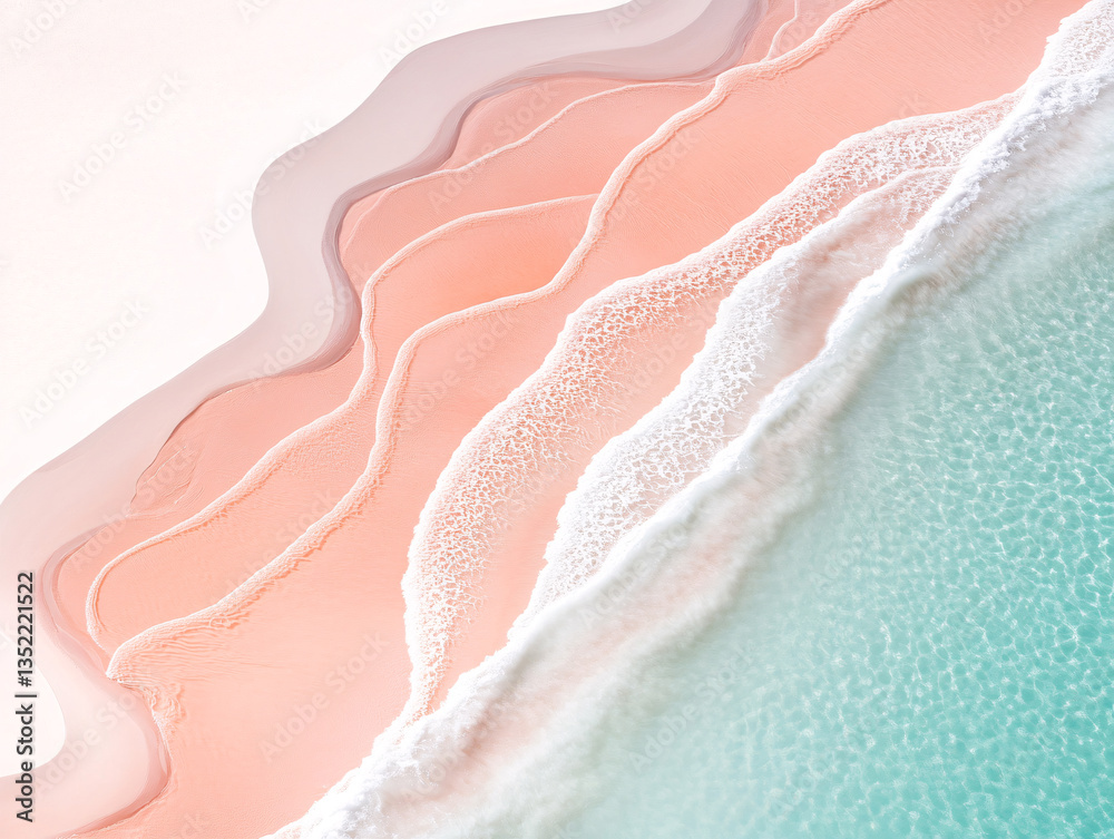 Fototapeta premium abstract, layered waves in shades of pink and white, with a turquoise section at the bottom. The overall effect is reminiscent of a serene, otherworldly landscape.