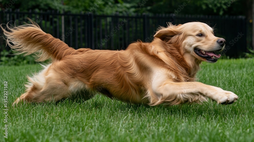 Golden Retriever Dog Running Fast Across Green Lawn Outside Happy and Active