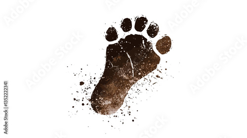 A digital illustration depicting a stylized footprint filled with brown mud or dirt against a stark white background. The footprint is detailed, showing texture and small particles of dirt around