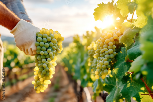 Man picking clusters of ripe green grapes in vineyard at sunset. Warm golden light highlights the lush surroundings. Concept of wine production, agriculture, organic farming photo