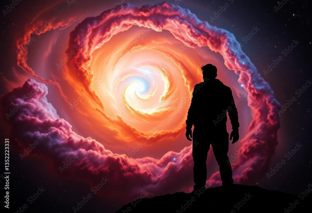 Fototapeta premium Intriguing dark silhouette against swirling nebula, vibrant cosmic dust, galaxy, stars