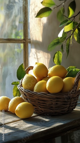 Lemons in a Woven Basket Placed Next to a Sunlit Window With Green Leaves