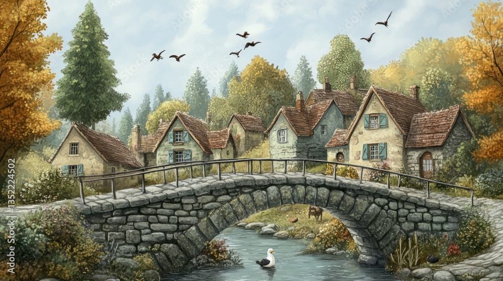 Fototapeta premium Autumn village bridge, stream, birds flying, idyllic scene, book cover