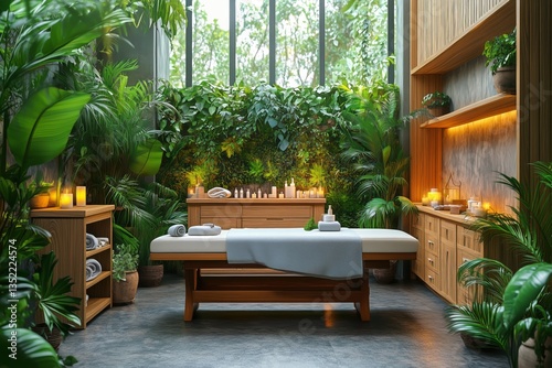 Serene Spa Treatment Room Surrounded by Greenery and Candles in a Tranquil Oasis
