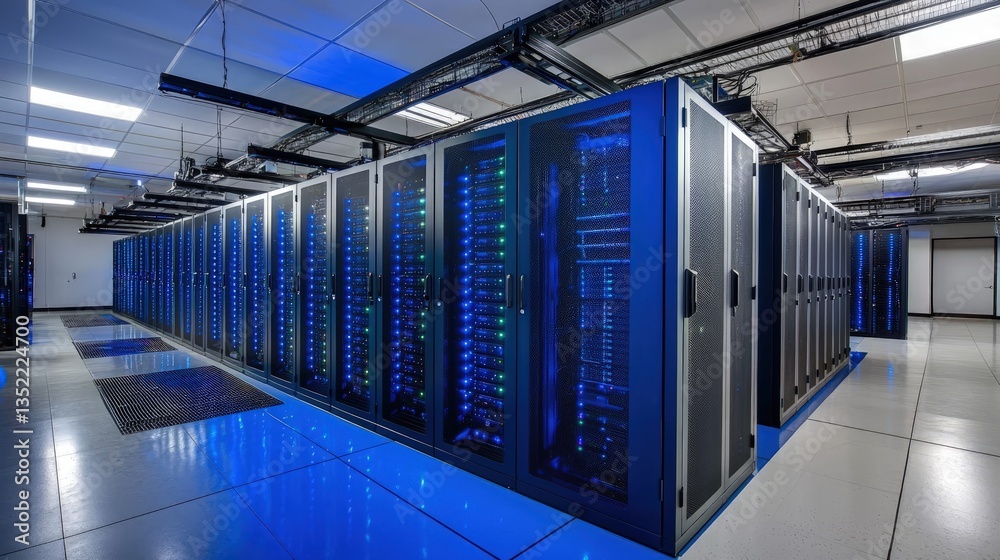 Fototapeta premium Modern data center interior with illuminated server racks and visible overhead wiring. Ideal for cloud infrastructure, cybersecurity, or IT operations content