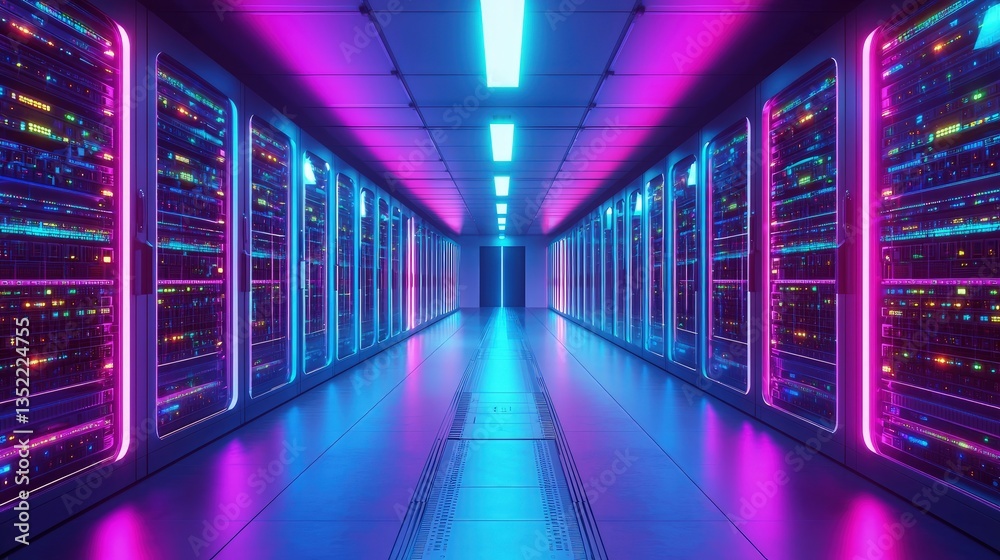 Fototapeta premium Futuristic server room with neon lighting, advanced servers, and reflective flooring. Ideal for technology, cloud computing, data storage, and cybersecurity use