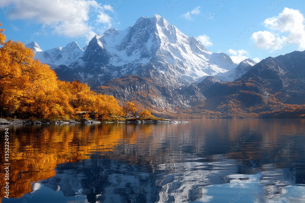 Fototapeta premium Vibrant autumn landscape with snow-capped mountains and tranquil lake reflecting colorful trees