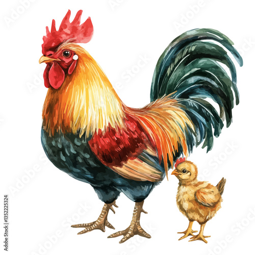 A watercolor vector painting of a mother rooster with her kid, isolated on a white background. Mother rooster vector.

