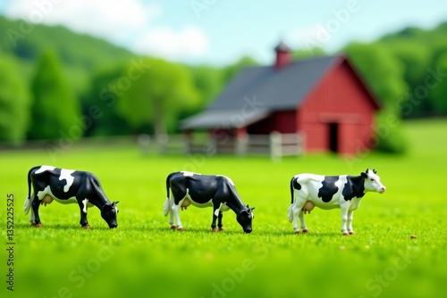 Miniature farm landscape with cows grazing on green fields, barn in the background, miniature, toy, green