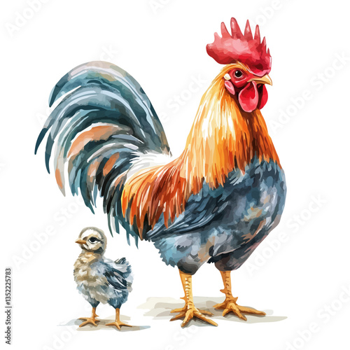 A watercolor vector painting of a mother rooster with her kid, isolated on a white background. Mother rooster vector.

