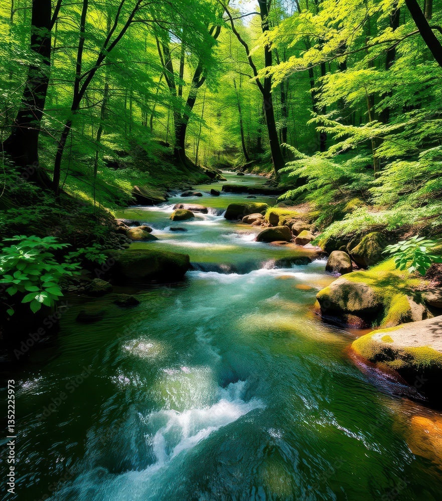 Fototapeta premium Gurgling spring river flows through vibrant green forest, sunlight dappling water, natural, woodland, flowing