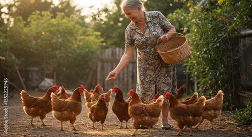 Elderly Woman Feeding Chickens in a Pleasant Backyard Garden Setting