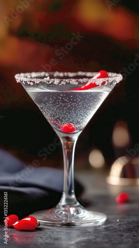 Elegant Cocktail Garnished With Red Sugar and Berries in a Stylish Bar Settin...