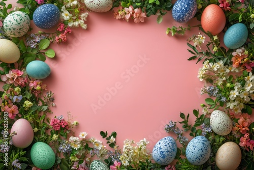 Colorful Easter Eggs Arranged With Flowers on a Pink Background for Festive D...