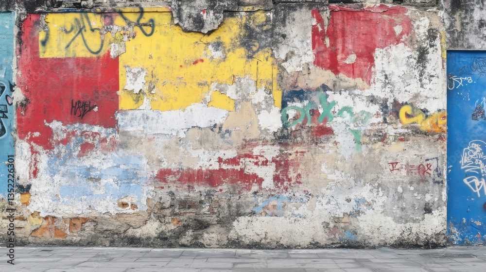 Obraz premium Colorful Urban Wall with Peeling Paint and Graffiti Patterns