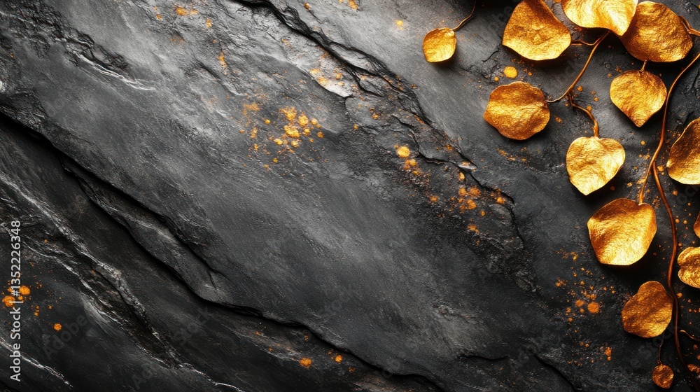Golden leaves artfully arranged on a dark slate background Golden leaves artfully arranged on a dark slate background