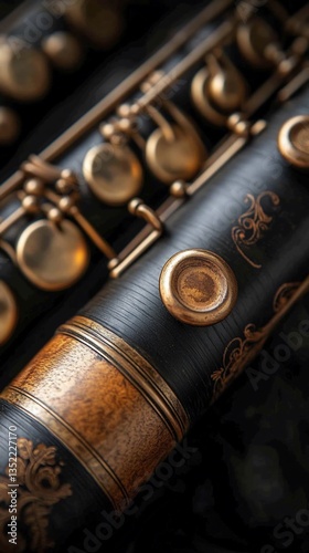 Close-up of a black woodwind instrument with gold keys and intricate detailing.