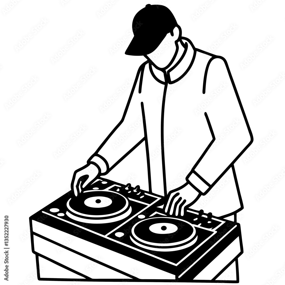 A silhouette of a DJ standing behind a mixing board, adjusting sound levels and knobs, with focused concentration