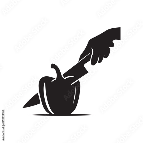 Minimalist cutting capsicum with knife silhouette on white background. 