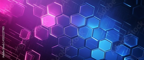 futuristic abstract background with glowing blue and purple hexagons and bokeh lights