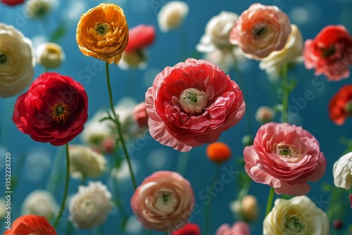 Vibrant Ranunculus Flowers Bloom in a Garden Under a Bright Blue Sky During S...