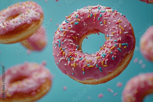 Colorful Donuts With Pink Frosting and Sprinkles in Mid-Air Against a Bright ...