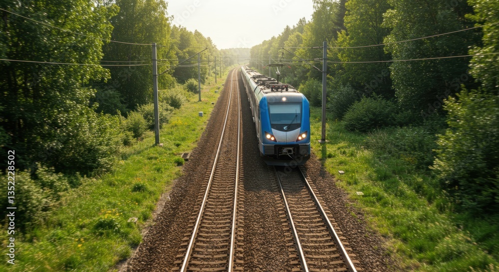 Naklejka premium Train Approaching on Tracks Through Green Forest Travel Adventure Transportation