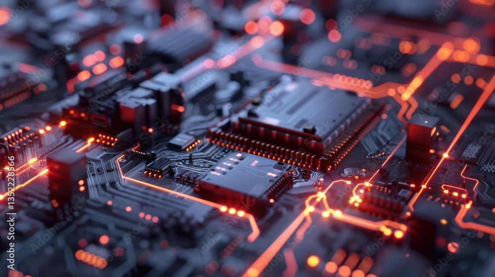 Abstract of chip on complex circuit with digital technology style design and the electric light graphic show dynamic movement represent about processor algorithm process on high tech device. AIG53.
