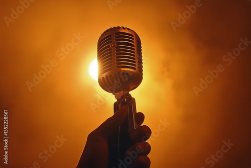 Vintage Microphone Held in Hand With Warm Glowing Background for Live Perform...