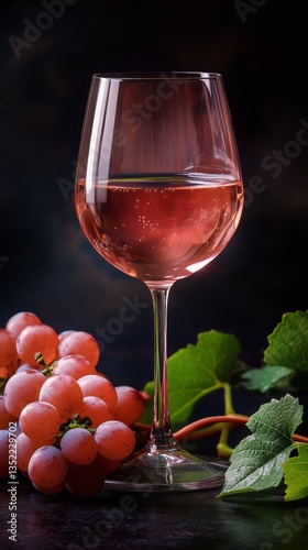 Refreshing Rose Wine in a Glass Beside Fresh Grapes and Green Leaves on a Dar...