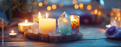 Alternative Medicine Trends. Scenic Still Life with Lit Candles and Crystals on Wooden Surface
