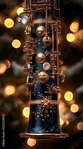 Close-up of an ornate, dark blue saxophone with gold accents, set against a bokeh background of warm lights.