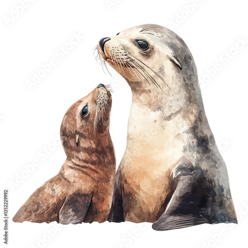 A watercolor vector painting of a mother sea lion with her kid, isolated on a white background. Mother sea lion vector.


