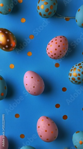 Colorful Decorated Eggs and Shiny Confetti on a Blue Background for Festive C...