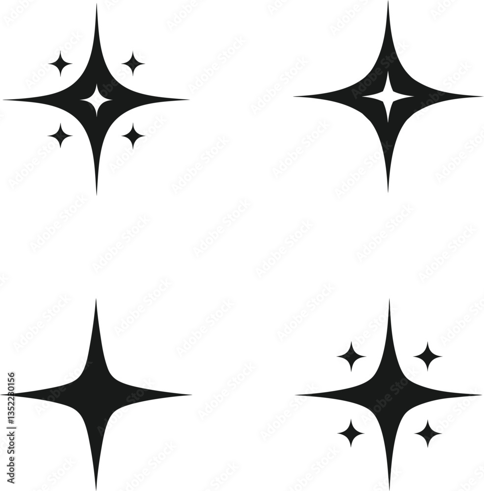 set of four pointed silhouette star vector. Shine icon, Clean star icon. set of four pointed silhouette star vector. Shine icon, Clean star icon.