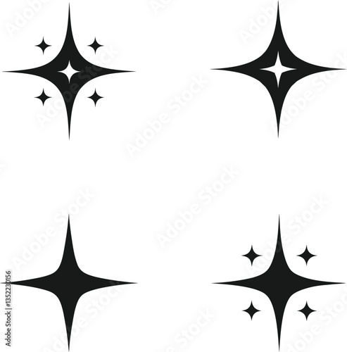 set of four pointed silhouette star vector. Shine icon, Clean star icon.