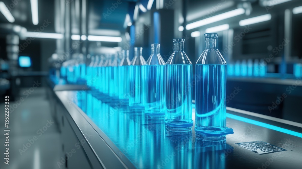 Futuristic Laboratory: Automated Production Line of Blue Liquid in Glass Bottles Futuristic Laboratory: Automated Production Line of Blue Liquid in Glass Bottles